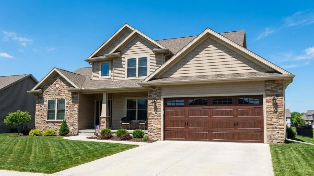New garage door installed on modern suburban home in Iowa City