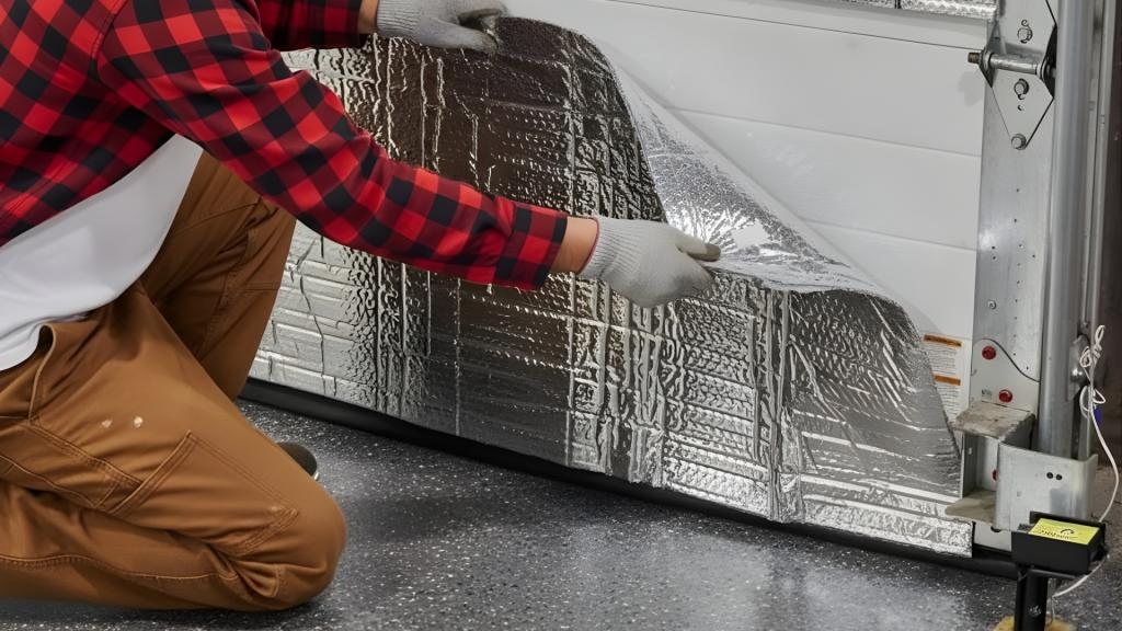 A homeowner installing a DIY garage door insulation in Iowa