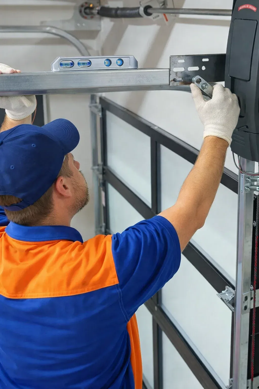 image (2) Titan Garage Door Technician performing professional garage door service in Iowa, adjusting hardware on residential garage doors Iowa installation inside a home garage