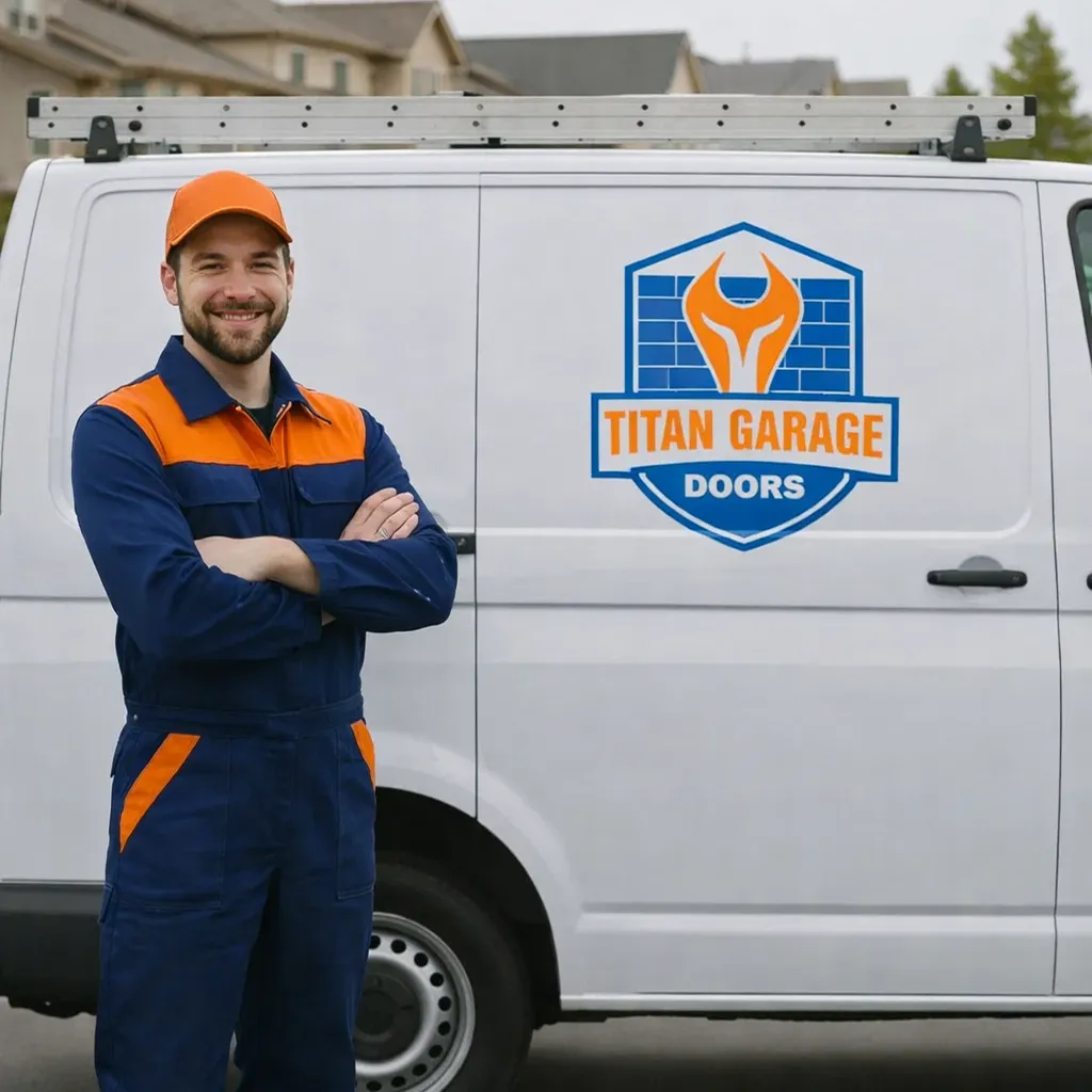 Titan Garage Doors technician on-site in Iowa, representing contact-us page for fast, friendly garage door service, free quotes, and easy scheduling for repair or installation