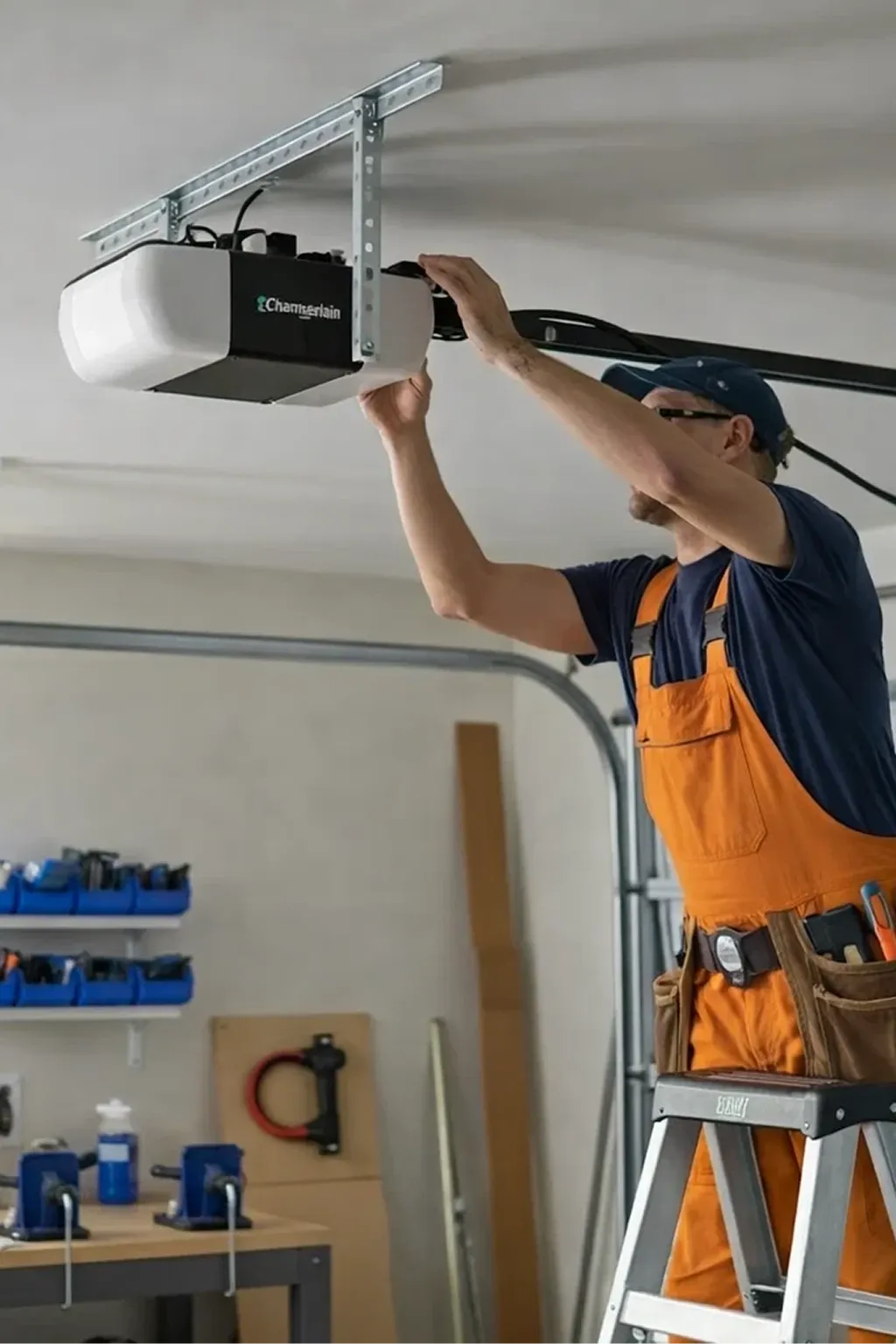Titan Garage Doors technician providing garage-door-opener-repair inside a residential garage, delivering reliable garage door opener repair and installation in Iowa with expert tools and fast service