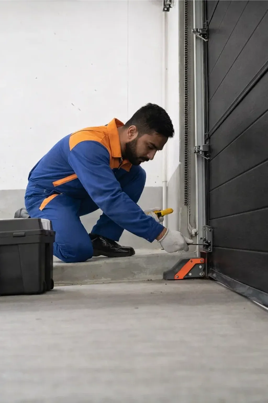 Titan Garage Doors technician performing commercial-garage-door-repair in Iowa, providing fast and reliable commercial garage door repair service for local businesses inside a service bay