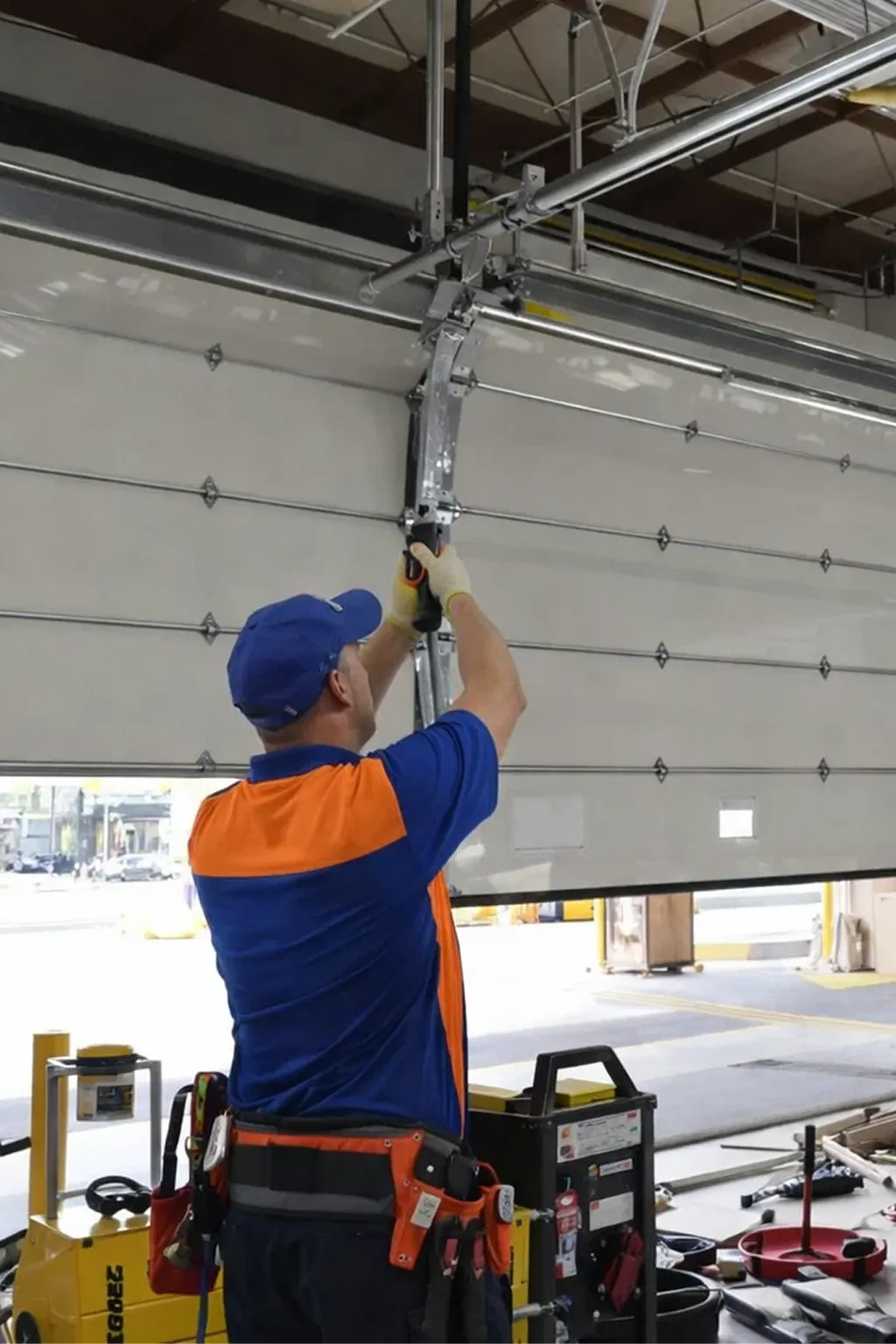 Titan Garage Doors technician performing commercial-garage-door-repair in Iowa, providing fast and reliable commercial garage door repair service for local businesses inside a service bay