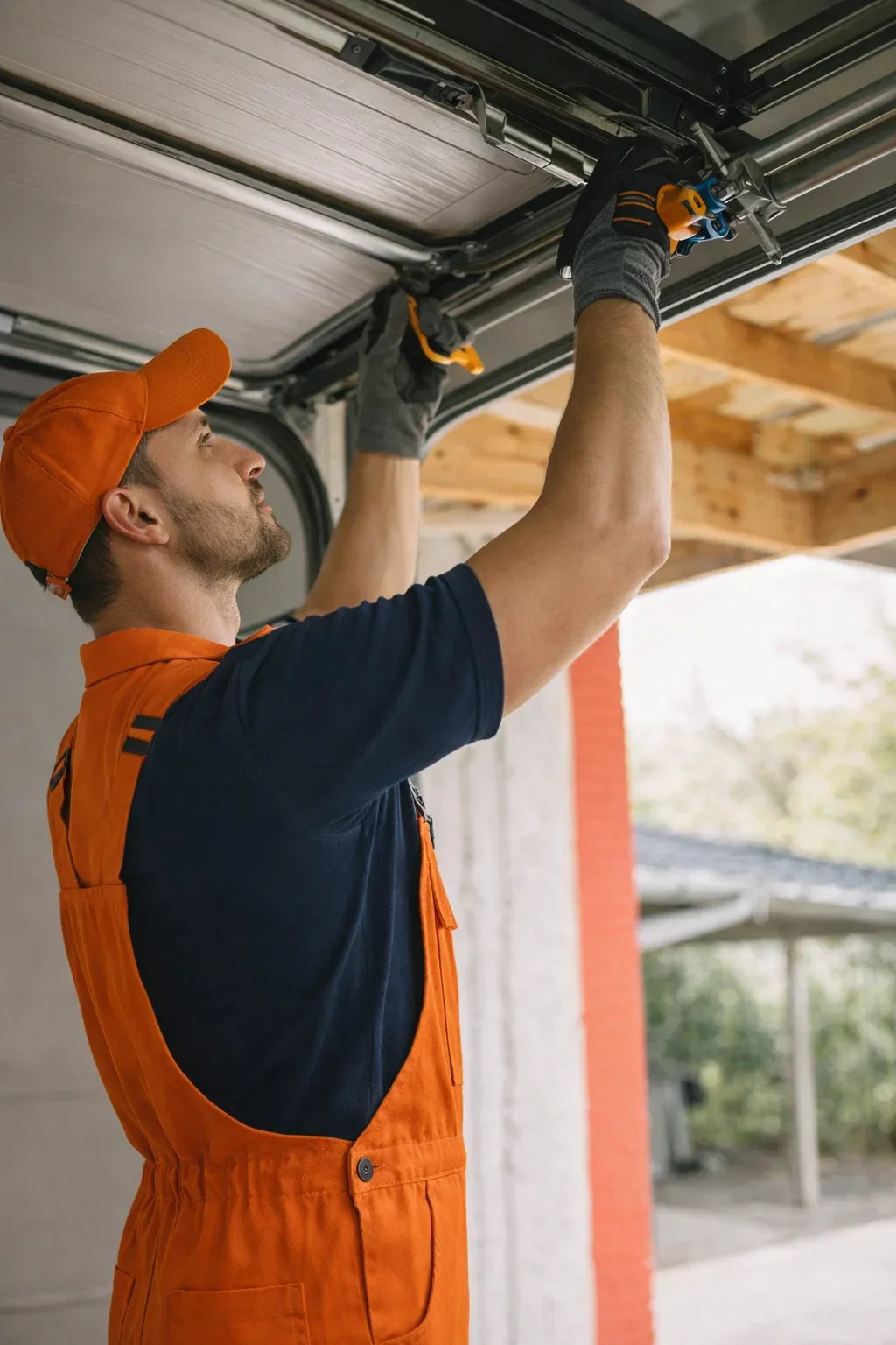 Titan Garage Doors technician performing same day garage door repair in Iowa, adjusting door hardware inside a residential garage for safe and reliable operation