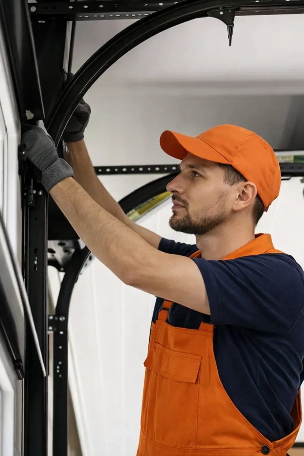 Titan Garage Doors technician performing same day garage door repair in Iowa, adjusting door hardware inside a residential garage for safe and reliable operation