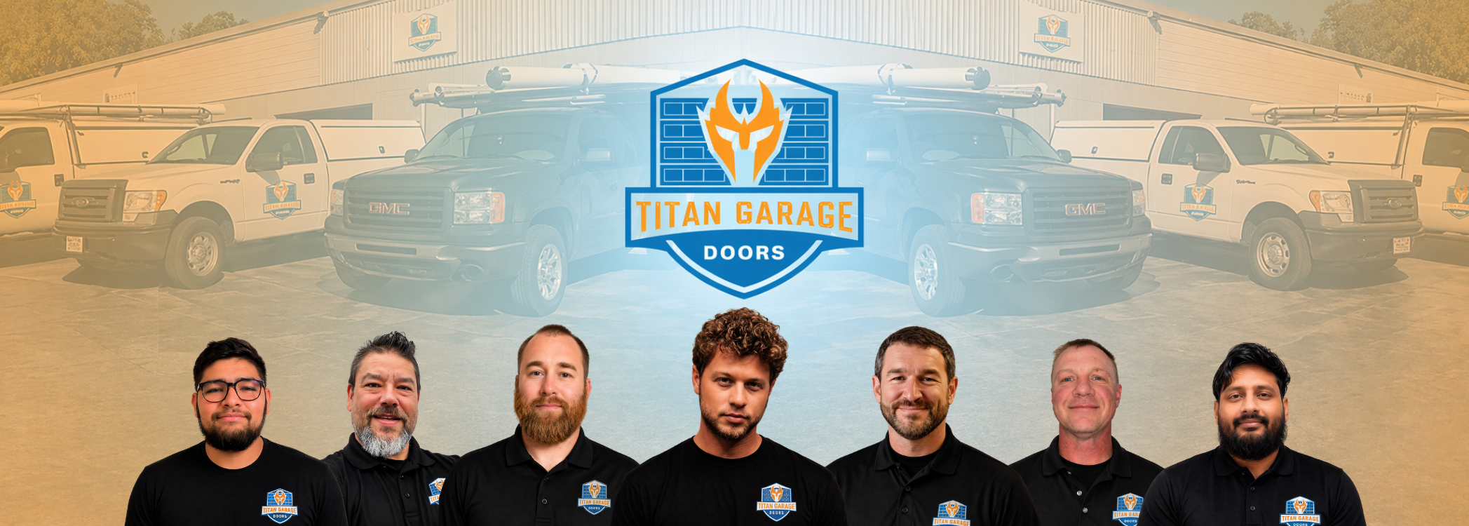 Team of professional garage door technicians from Titan Garage Doors Iowa standing in front of branded service trucks and warehouse building