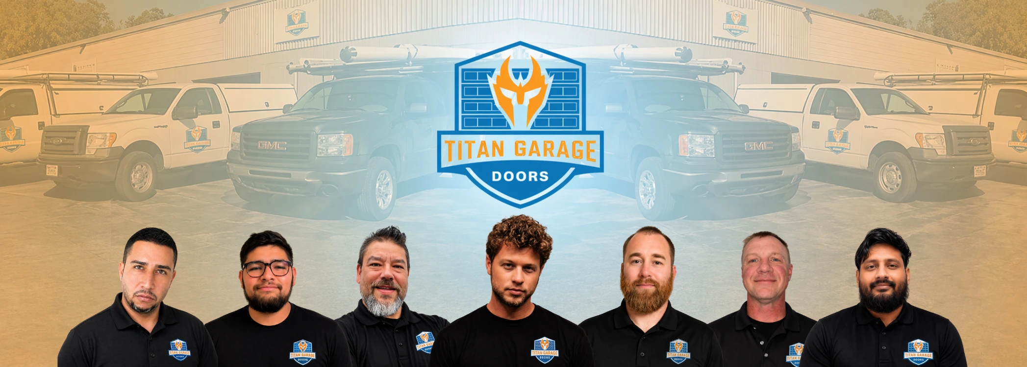 Team of professional garage door technicians from Titan Garage Doors AI standing in front of branded service trucks and warehouse building.