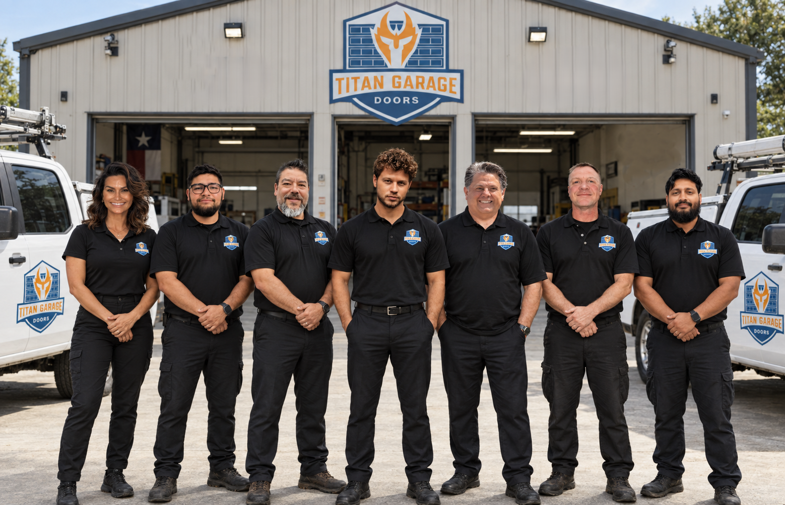 Team of professional garage door technicians from Titan Garage Doors Iowa standing in front of branded service trucks and warehouse building