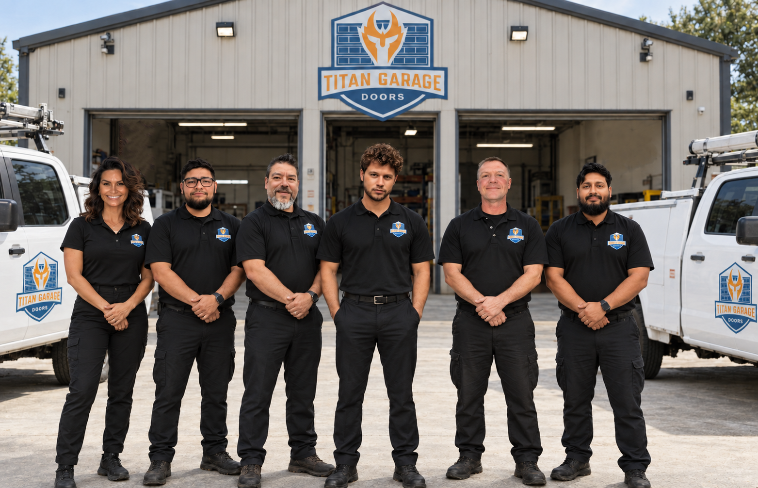 Team of professional garage door technicians from Titan Garage Doors Iowa standing in front of branded service trucks and warehouse building